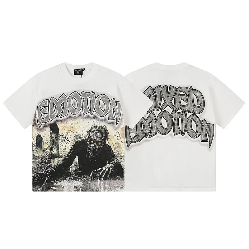 MIXED EMOTION Rising Zombie Graphic Streetwear T-Shirt - White / Grey