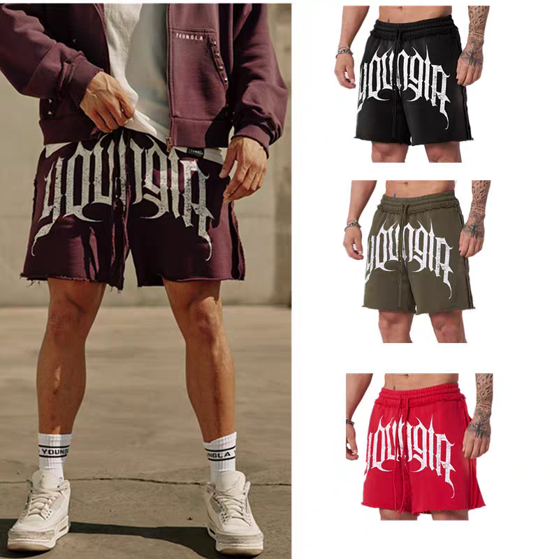 Youngla trendy brand American retro rolled edge sports shorts men's loose casual running fitness four or five minute shorts