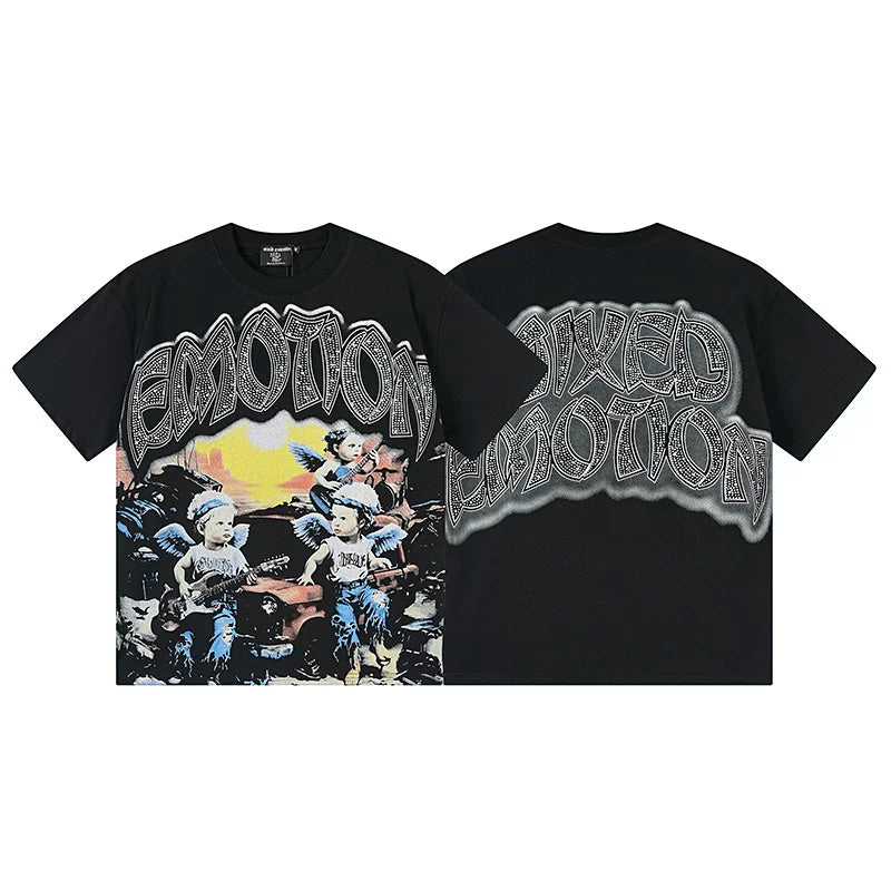 MIXED EMOTION Winged Cherubs Band Graphic Streetwear T-Shirt - Black / Multi-Color