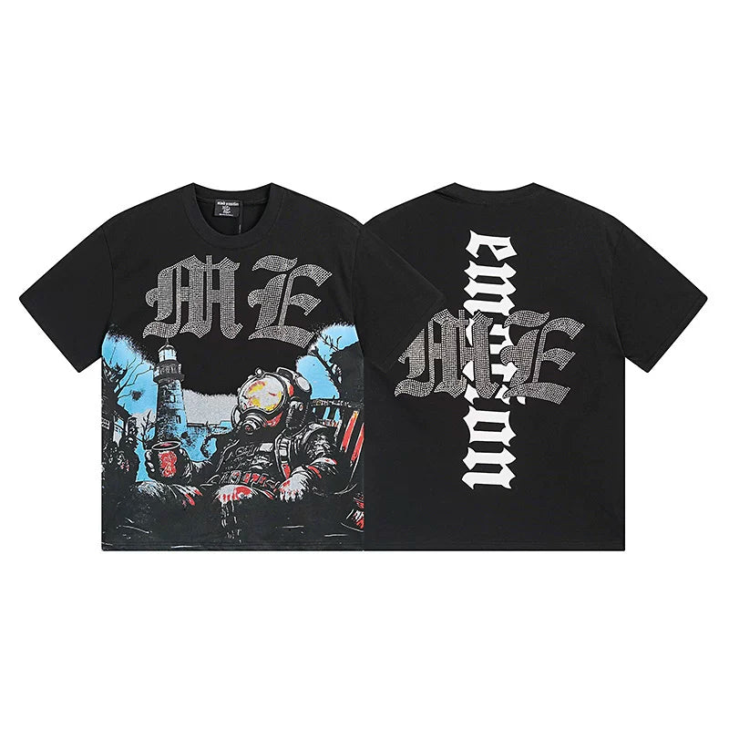 MIXED EMOTION Diver Lighthouse Graphic Short Sleeve T-Shirt - Black