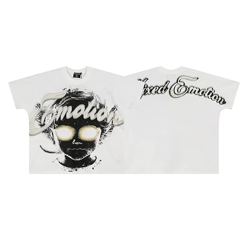 MIXED EMOTION Glowing Eyes Portrait Graphic Script Logo Short Sleeve T-Shirt - White / Black