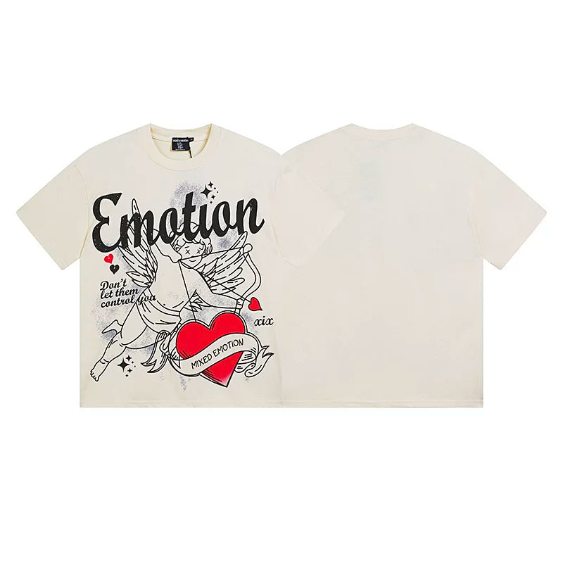 MIXED EMOTION Cherub Heart Graphic Short Sleeve T-Shirt - Cream / Red