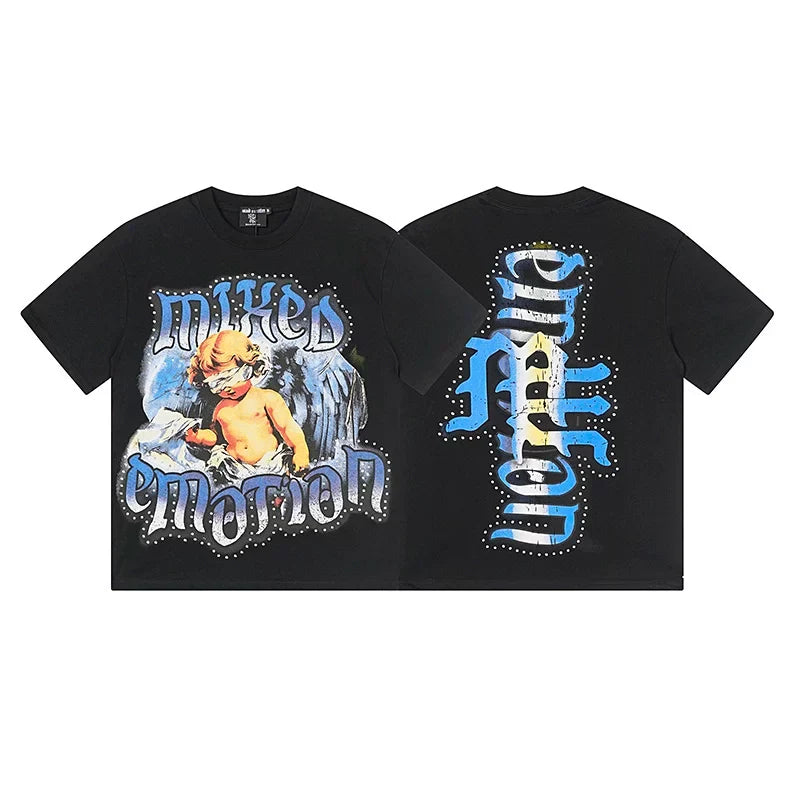 MIXED EMOTION Cherub Portrait Graffiti Graphic Streetwear T-Shirt - Black / Blue
