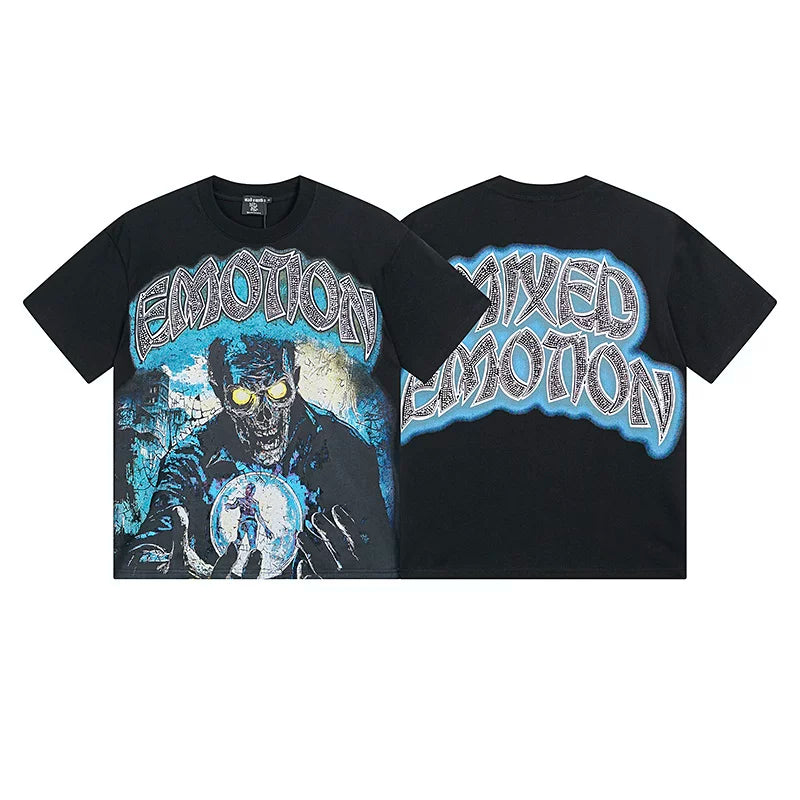 MIXED EMOTION Glowing Eyes Monster Graphic Streetwear T-Shirt - Black / Blue