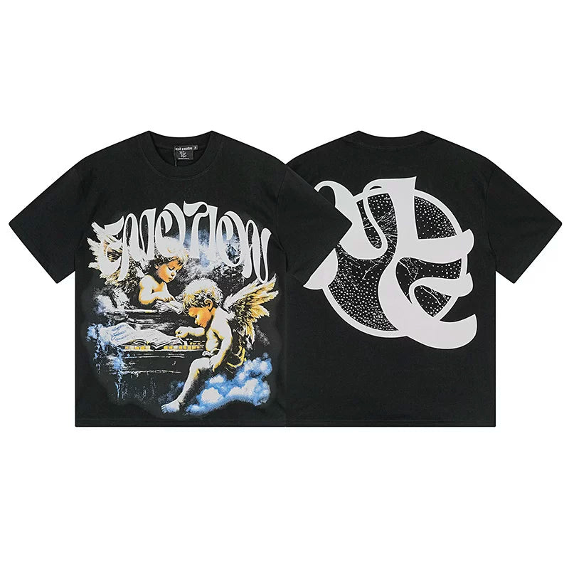 MIXED EMOTION Winged Cherubs Cloud Graphic Streetwear T-Shirt - Black / Blue