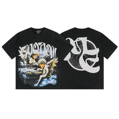 MIXED EMOTION Winged Cherubs Cloud Graphic Streetwear T-Shirt - Black / Blue