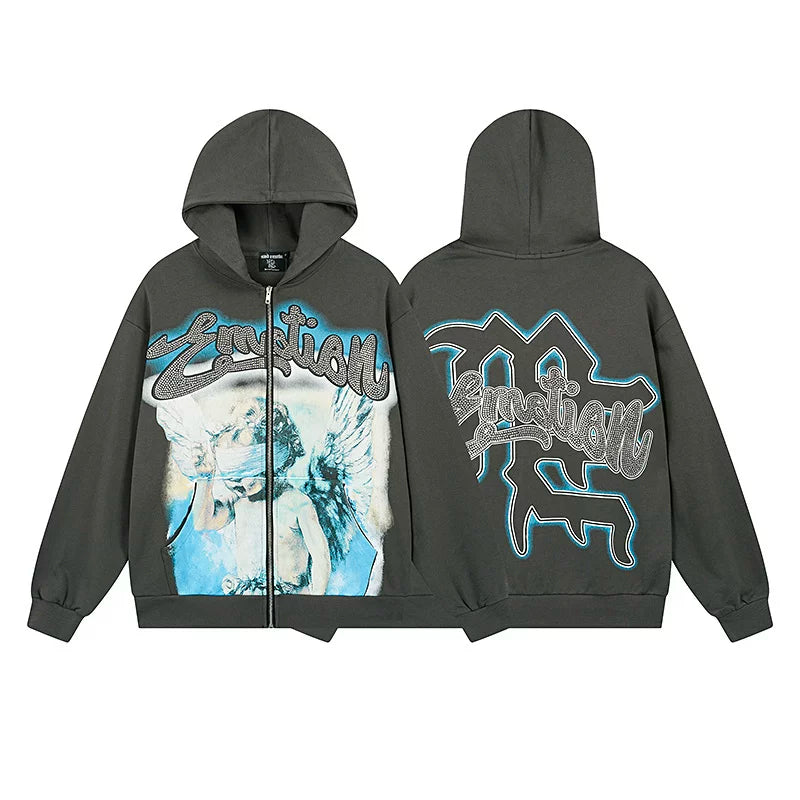 MIXED EMOTION Angel Rhinestone Zip-Up Hoodie – Charcoal Grey Oversized Y2K Graphic Jacket