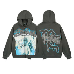 MIXED EMOTION Angel Rhinestone Zip-Up Hoodie – Charcoal Grey Oversized Y2K Graphic Jacket