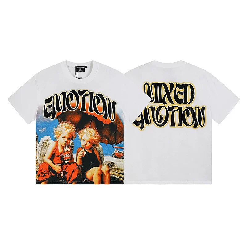 MIXED EMOTION Sipping Cherubs Graphic Retro Lettering T-Shirt - White