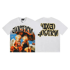 MIXED EMOTION Sipping Cherubs Graphic Retro Lettering T-Shirt - White