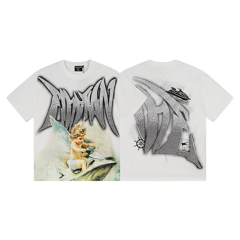 MIXED EMOTION Jet Ski Cherub Graphic Metallic Logo Short Sleeve T-Shirt - Off-White