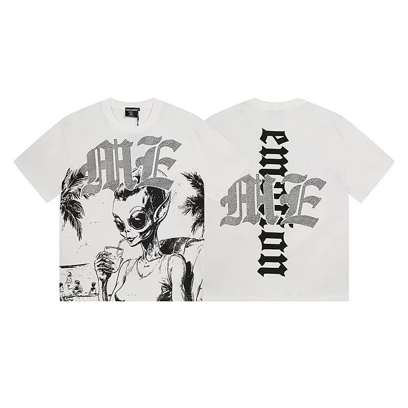 MIXED EMOTION Alien Beach Graphic Short Sleeve T-Shirt - Off-White / Black