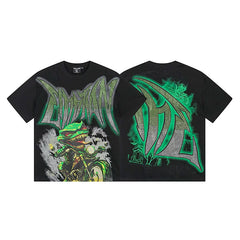 MIXED EMOTION Metallic Green Biker Graphic Short Sleeve T-Shirt - Black