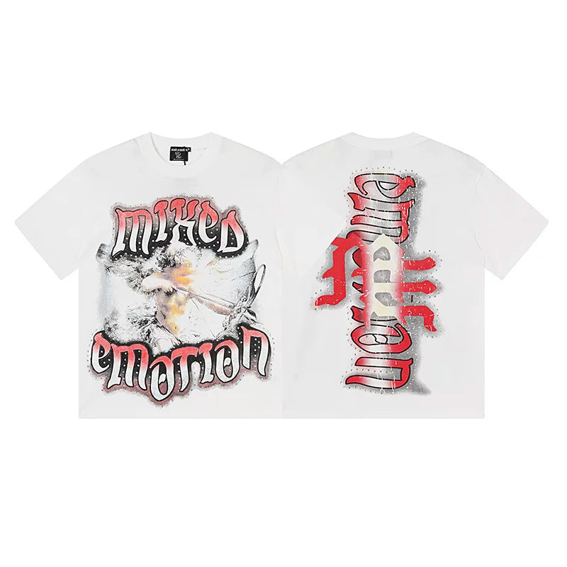 MIXED EMOTION Cat Graphic Graffiti Streetwear T-Shirt - White / Red