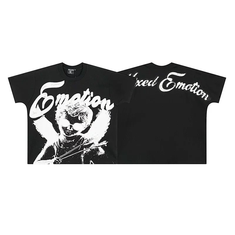 MIXED EMOTION Winged Alien Guitarist Graphic Script Logo Short Sleeve T-Shirt - Black / White