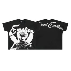 MIXED EMOTION Winged Alien Guitarist Graphic Script Logo Short Sleeve T-Shirt - Black / White
