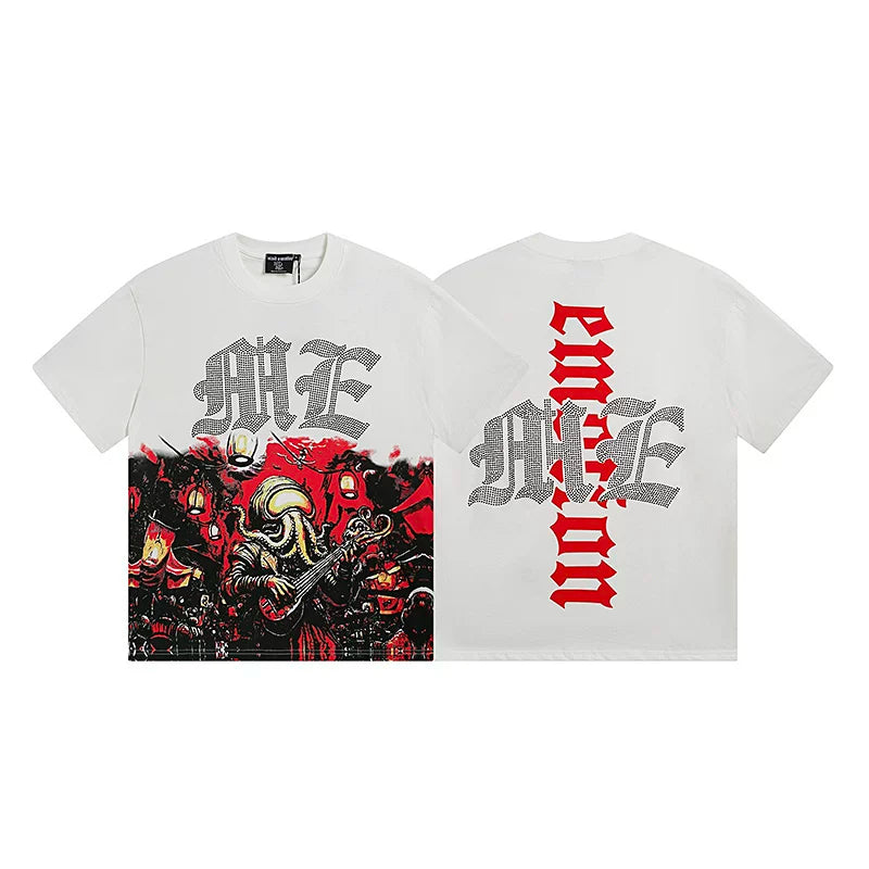 MIXED EMOTION Gothic Art Graphic Short Sleeve T-Shirt - Off-White