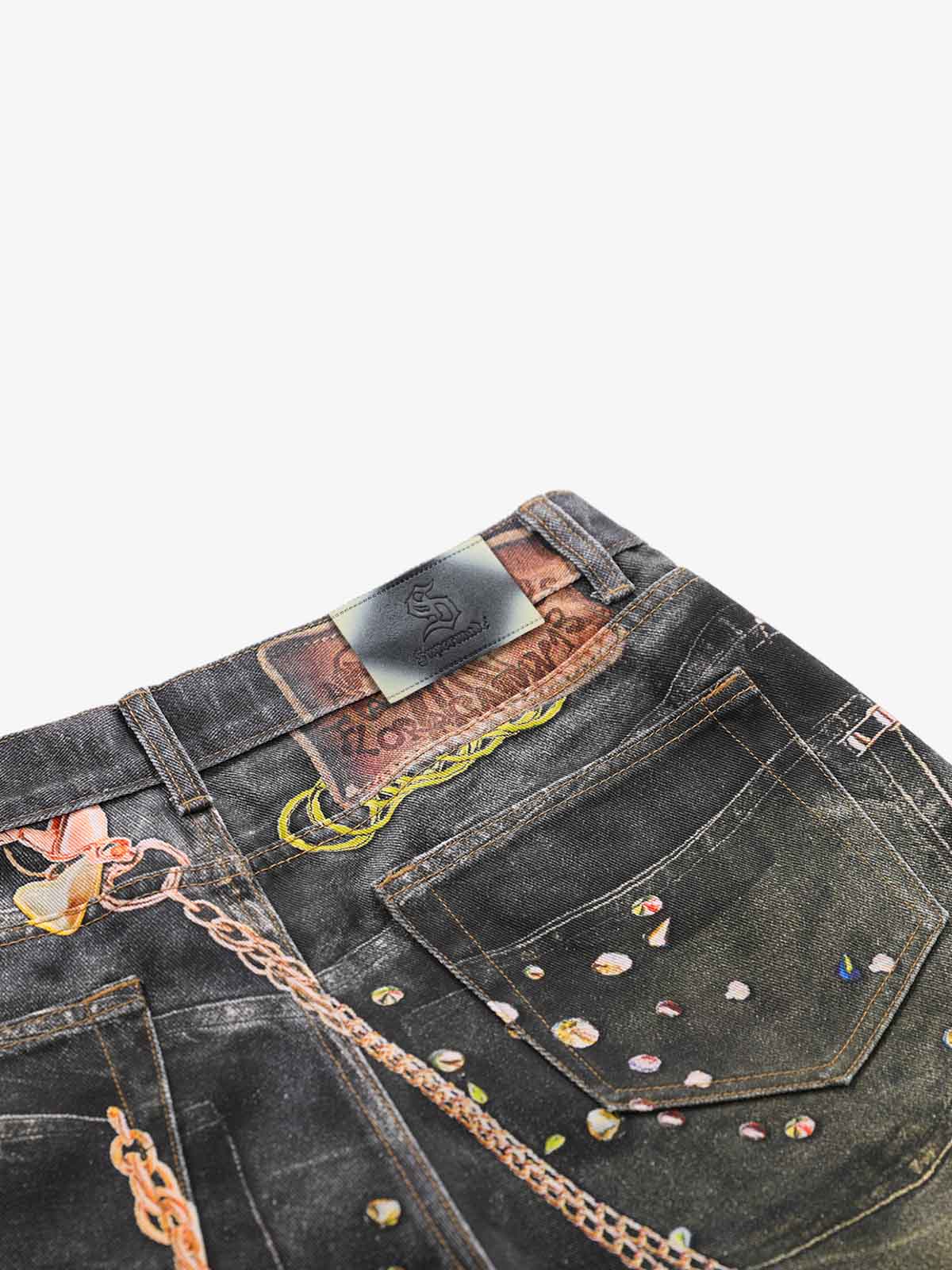 3D Chain Key Print Jeans