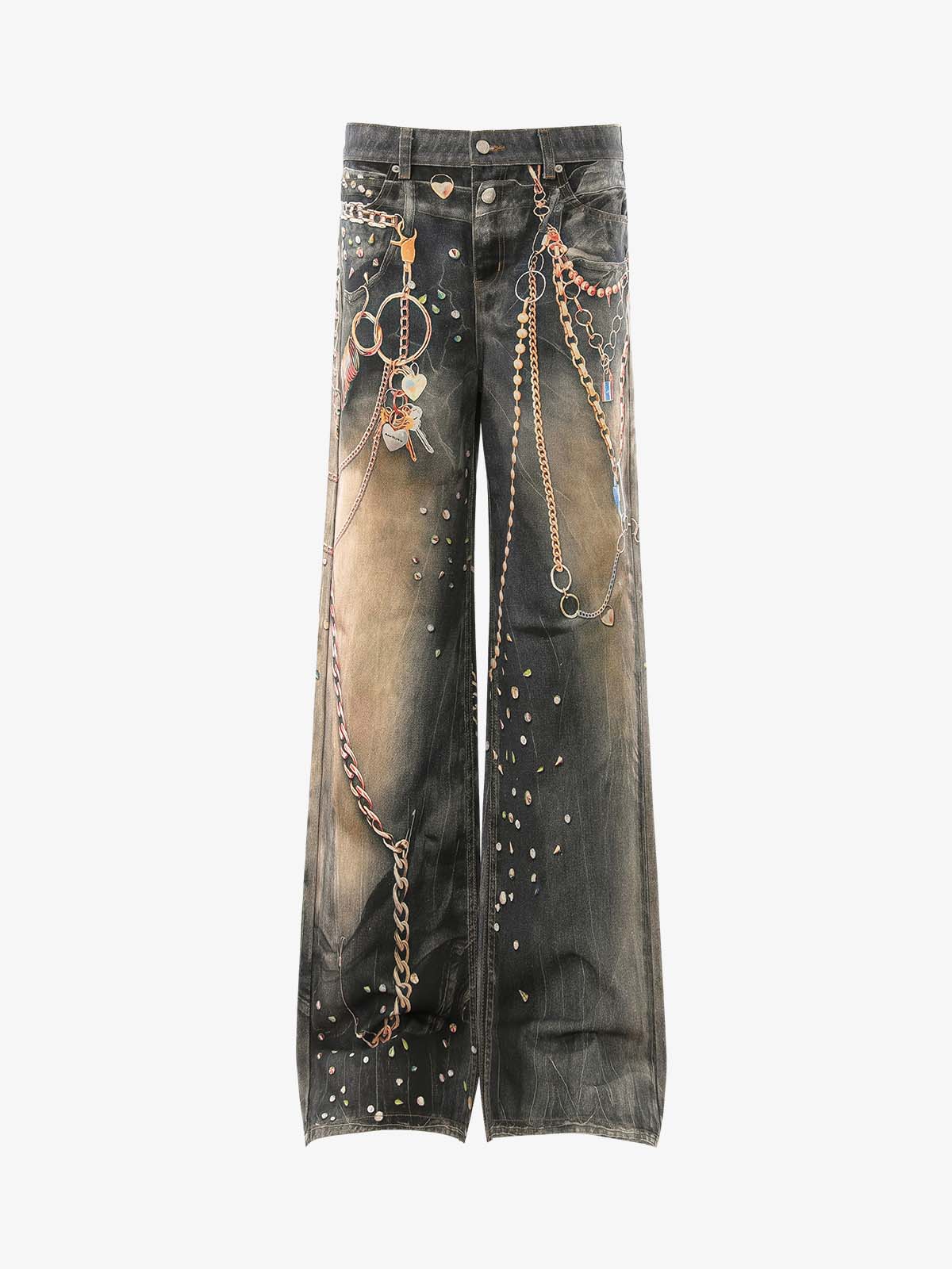 3D Chain Key Print Jeans