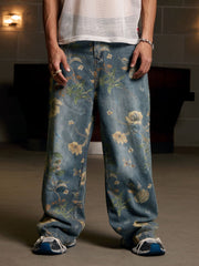 Denim Floral Print Carpenter Jeans - 2237